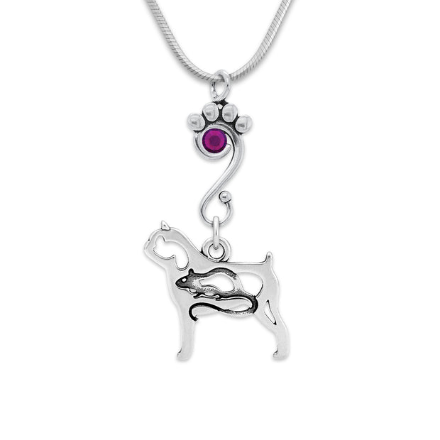 Brussels Griffon Necklace Body Design with Rat with Amethyst Crystal in Sterling Silver on Snake Chain.