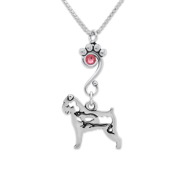 Brussels Griffon Necklace Body Design with Rat with Rose Crystal in Sterling Silver on Box Chain.