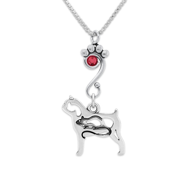 Brussels Griffon Necklace Body Design with Rat with Siam Crystal in Sterling Silver on Box Chain.