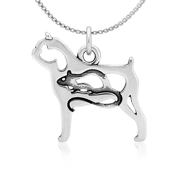 Brussels Griffon Necklace Body Design with Rat in Sterling Silver on Box Chain.