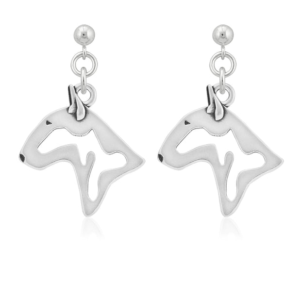 Bull Terrier Earrings Head Design in Sterling Silver in Dangle Post.
