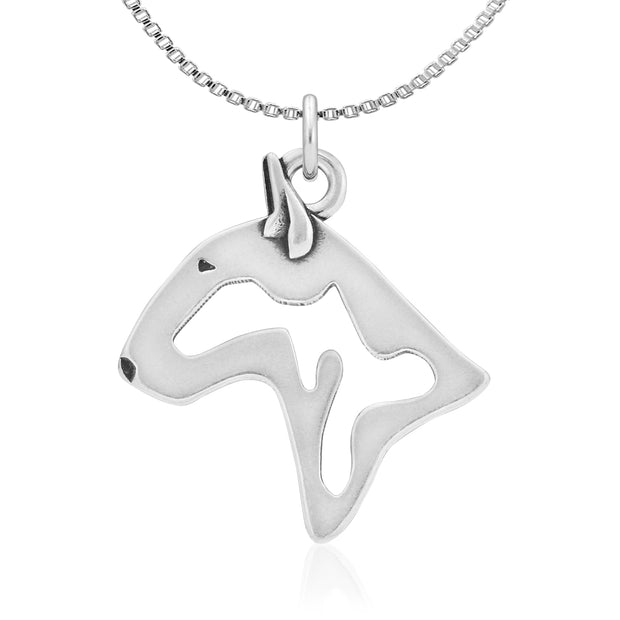 Bull Terrier Necklace Head Design in Sterling Silver on Box Chain.