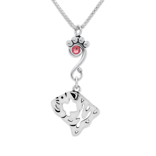 Bulldog Necklace Head Design with Rose Crystal in Sterling Silver on Box Chain.