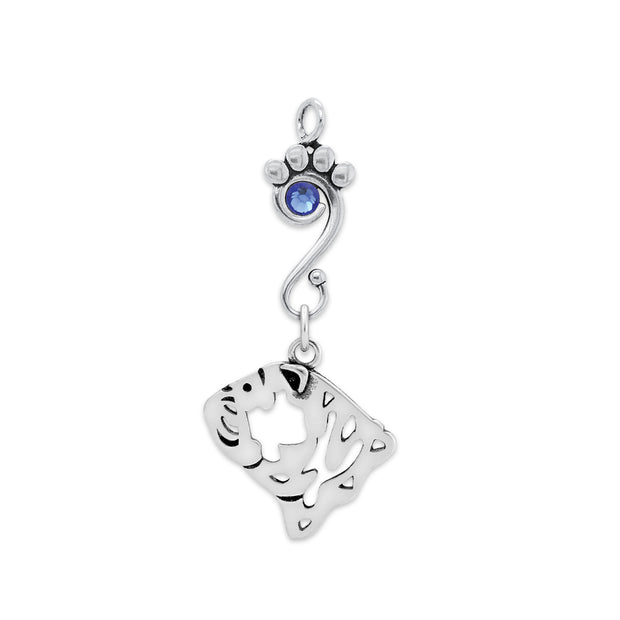 Bulldog Pendant Head Design with Sapphire Crystal in Sterling Silver.