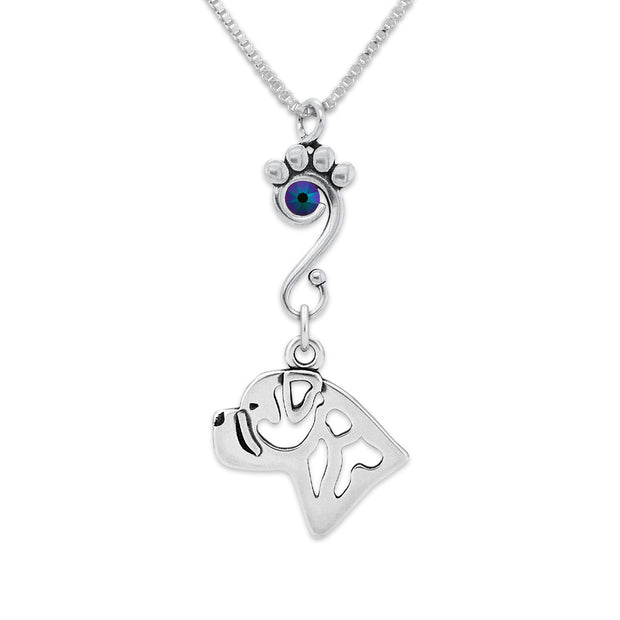 Bullmastiff Necklace Head Design with Scarabaeus Crystal in Sterling Silver on Box Chain.