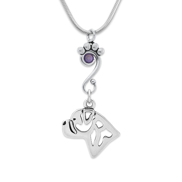 Bullmastiff Necklace Head Design with Tanzanite Crystal in Sterling Silver on Snake Chain.