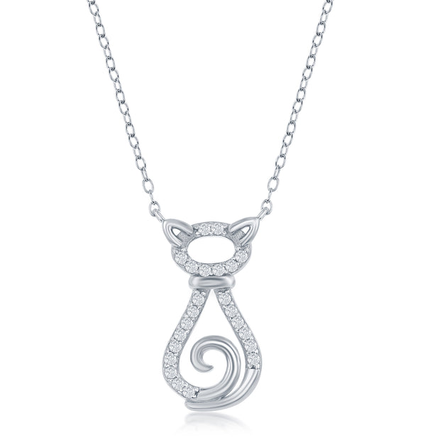 Cat Necklace In C.Z. In Sterling Silver W/Rhodium Plating