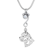 Cairn Terrier Necklace Head Design with Crystal in Sterling Silver on Snake Chain.