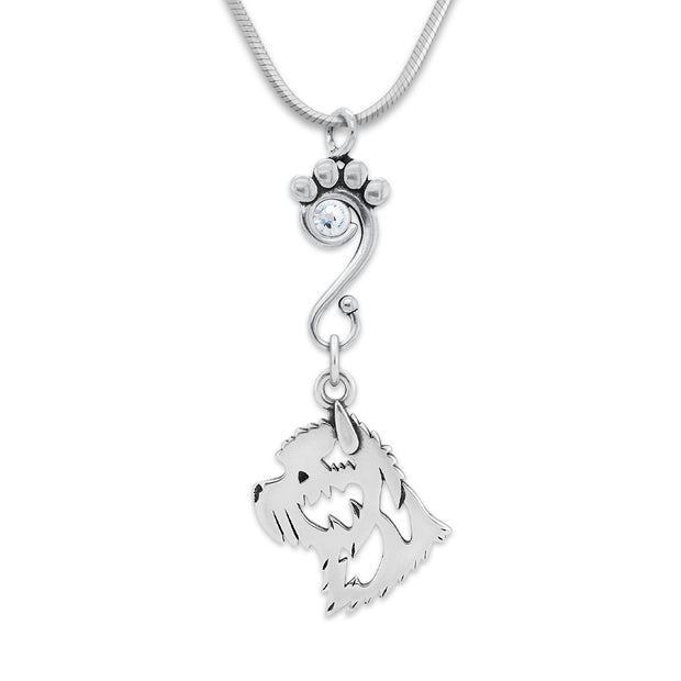 Cairn Terrier Necklace Head Design with Crystal in Sterling Silver on Snake Chain.