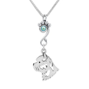 Cairn Terrier Necklace Head Design with Aquamarine Crystal in Sterling Silver on Box Chain.
