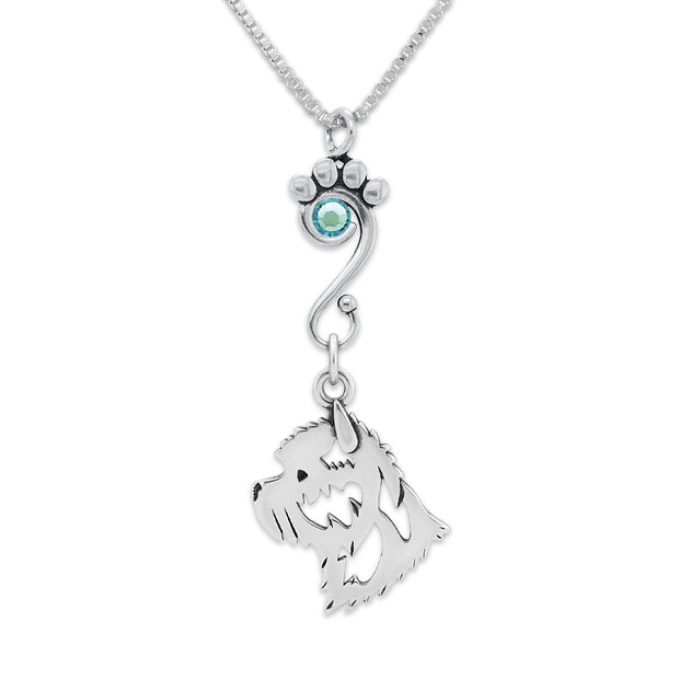 Cairn Terrier Necklace Head Design with Aquamarine Crystal in Sterling Silver on Box Chain.