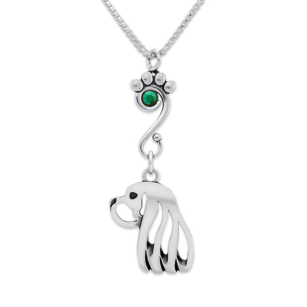 Cavalier King Charles Spaniel Necklace Head Design with Emerald Crystal in Sterling Silver on Box Chain.