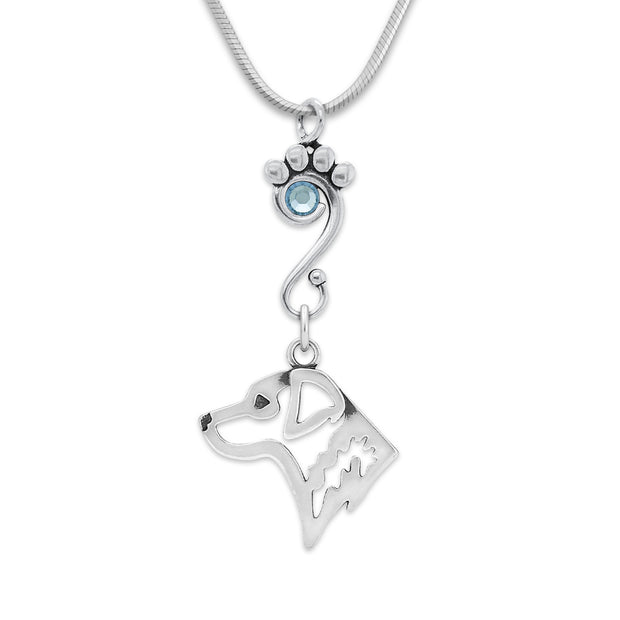 Chesapeake Bay Retriever Necklace Head Design with Light Sapphire Crystal in Sterling Silver on Snake Chain.