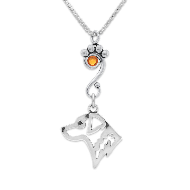Chesapeake Bay Retriever Necklace Head Design with Topaz Crystal in Sterling Silver on Box Chain.