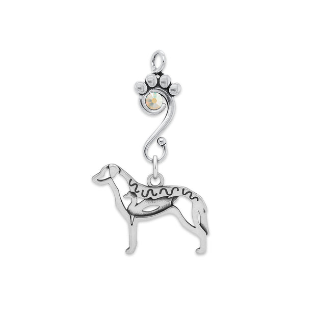 Chesapeake Bay Retriever Pendant Body Design with Duck with Aurora Borealis Crystal in Sterling Silver.