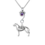 Chesapeake Bay Retriever Necklace Body Design with Duck with Fuchsia Crystal in Sterling Silver on Box Chain.