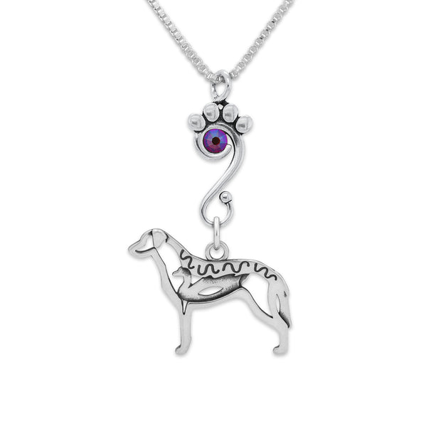 Chesapeake Bay Retriever Necklace Body Design with Duck with Fuchsia Crystal in Sterling Silver on Box Chain.
