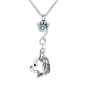 Longhaired Chihuahua Necklace Head Design with Aquamarine Crystal in Sterling Silver on Box Chain.