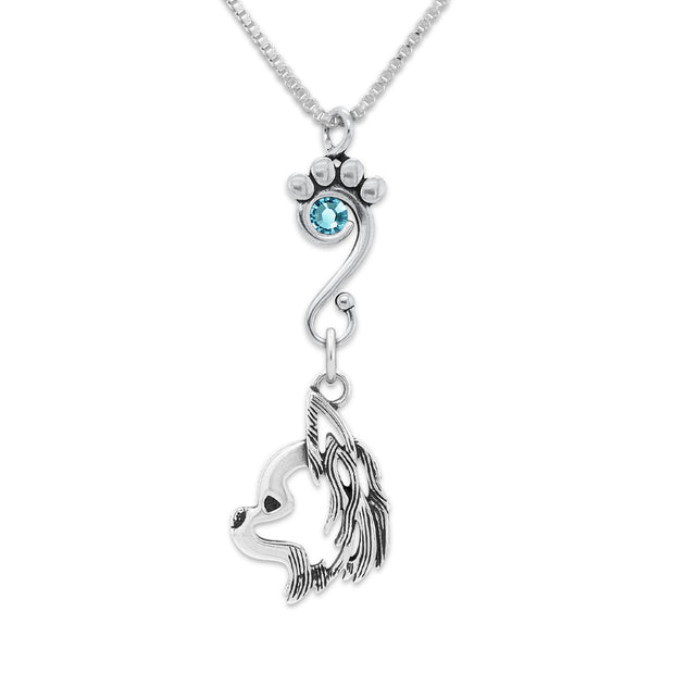 Longhaired Chihuahua Necklace Head Design with Aquamarine Crystal in Sterling Silver on Box Chain.