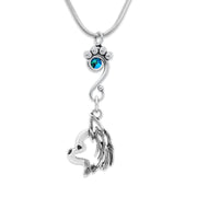 Longhaired Chihuahua Necklace Head Design with Blue Zircon Shimmer Crystal in Sterling Silver on Snake Chain.