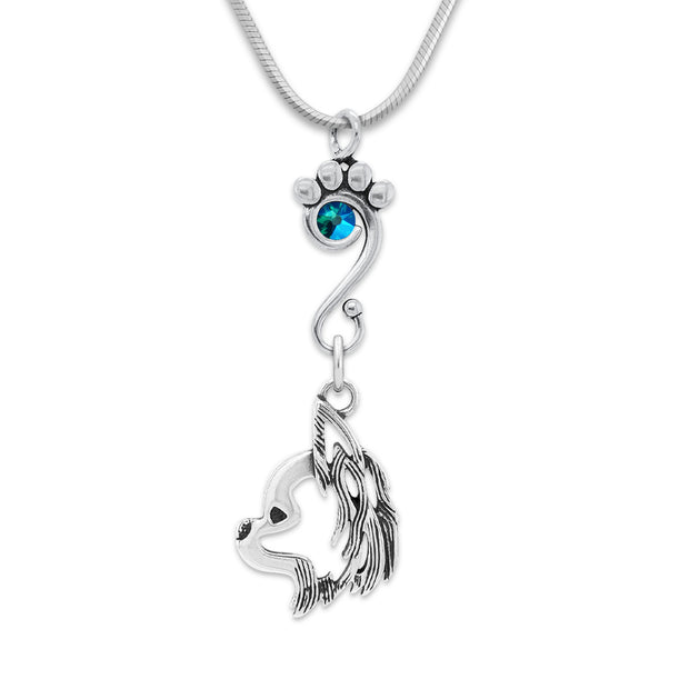Longhaired Chihuahua Necklace Head Design with Blue Zircon Shimmer Crystal in Sterling Silver on Snake Chain.