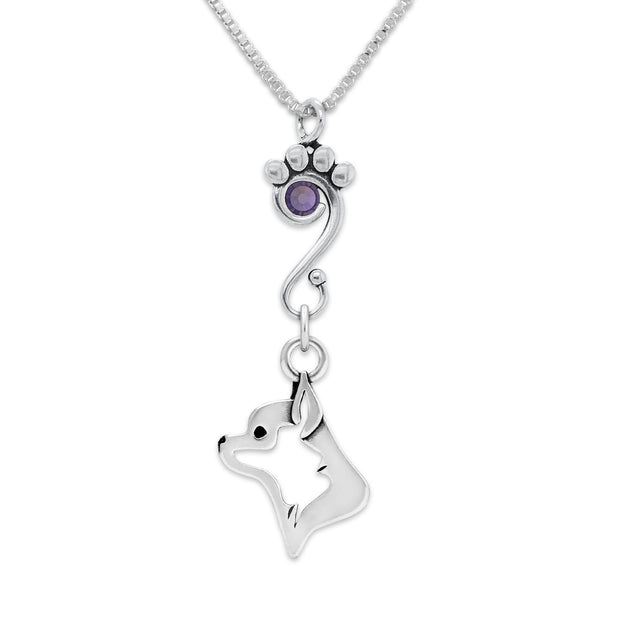 Chihuahua Necklace Head Design with Tanzanite Crystal in Sterling Silver on Box Chain.