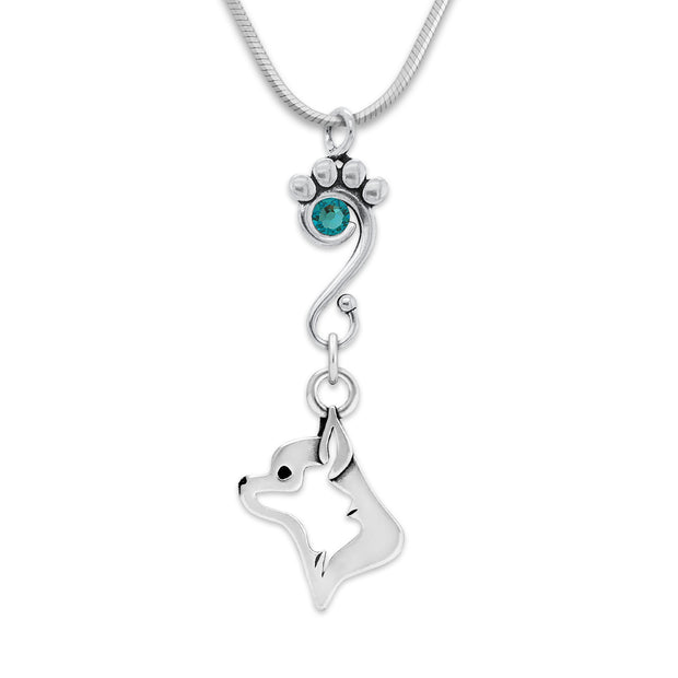 Chihuahua Necklace Head Design with Teal Crystal in Sterling Silver on Snake Chain.