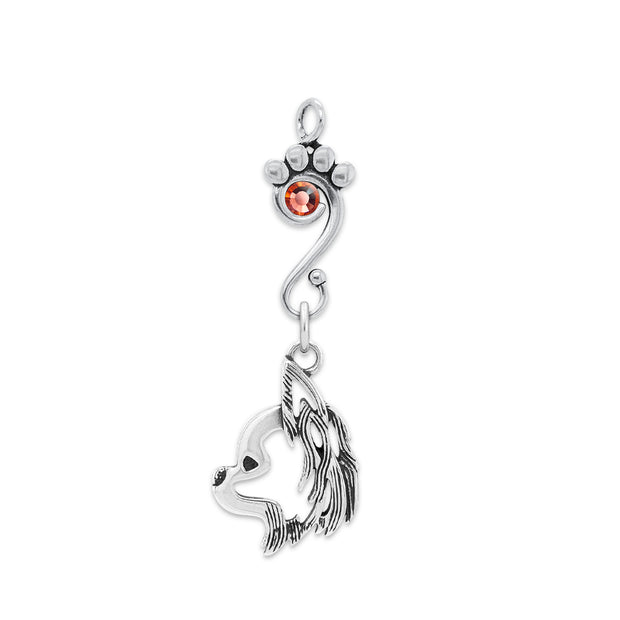 Longhaired Chihuahua Pendant Head Design with Peach Crystal in Sterling Silver.