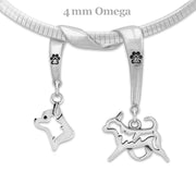 Chihuahua Necklace Head and Body Designs on Paw Print Charm Holder in Sterling Silver on Omega Chain.
