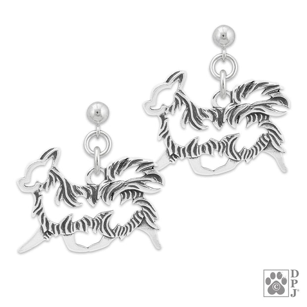 Longhaired Chihuahua earrings in sterling silver on dangle posts, Handcrafted Longhiared Chihuahua jewelry 