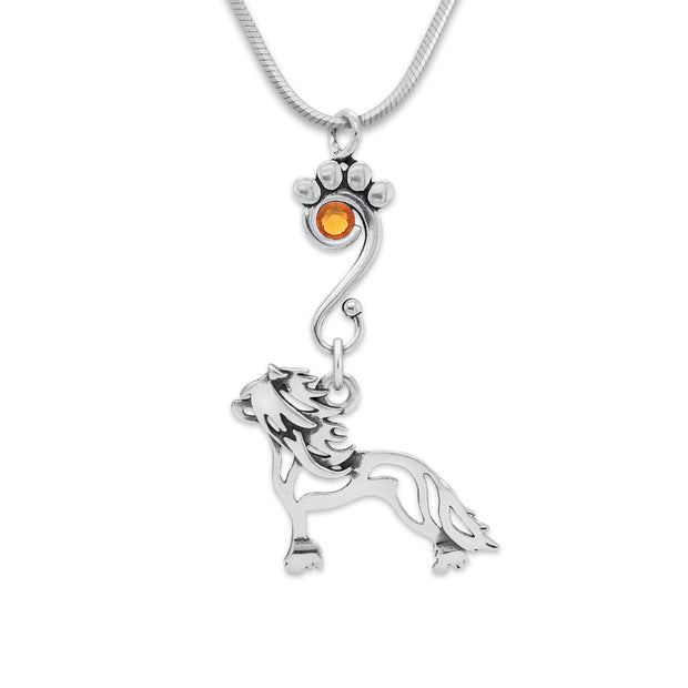 Chinese Crested Necklace Body Design with Topaz Crystal in Sterling Silver on Snake Chain.