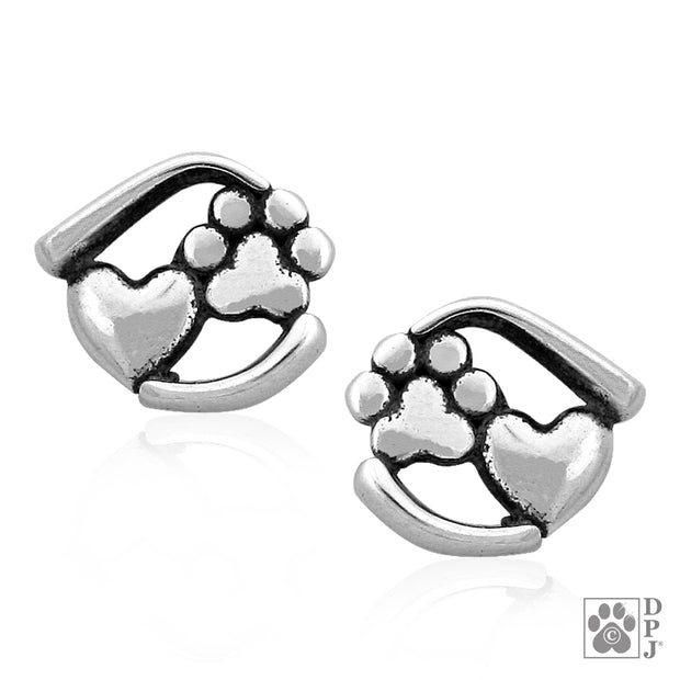 Paw and heart post earrings in sterling silver, Top rated gifts for dog moms or cat moms