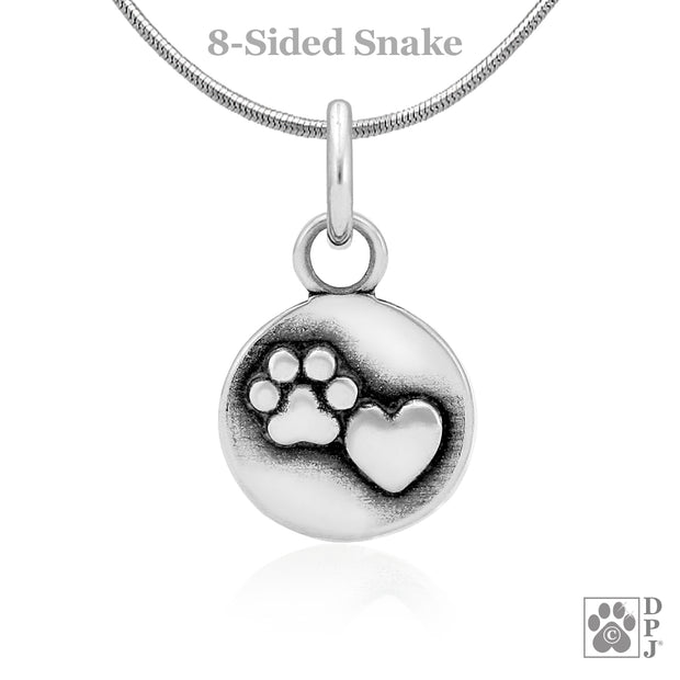 Animal paw and heart circular shaped necklace in sterling silver,  Paw print charm for charm bracelets in sterling silver 
