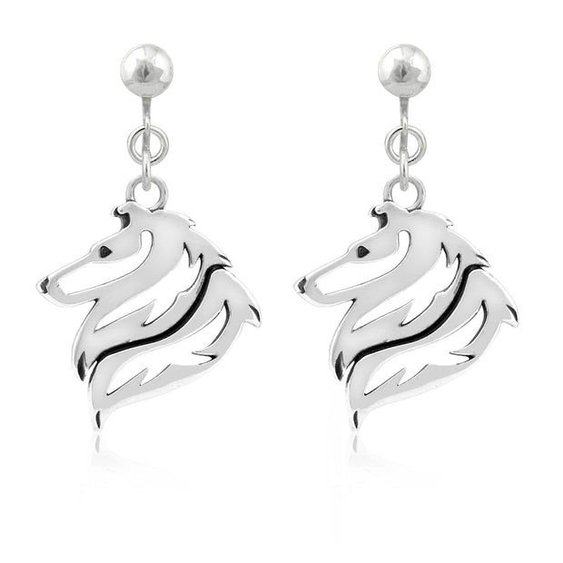 Rough Coat Collie Clip-On Earrings Head Design in Sterling Silver.