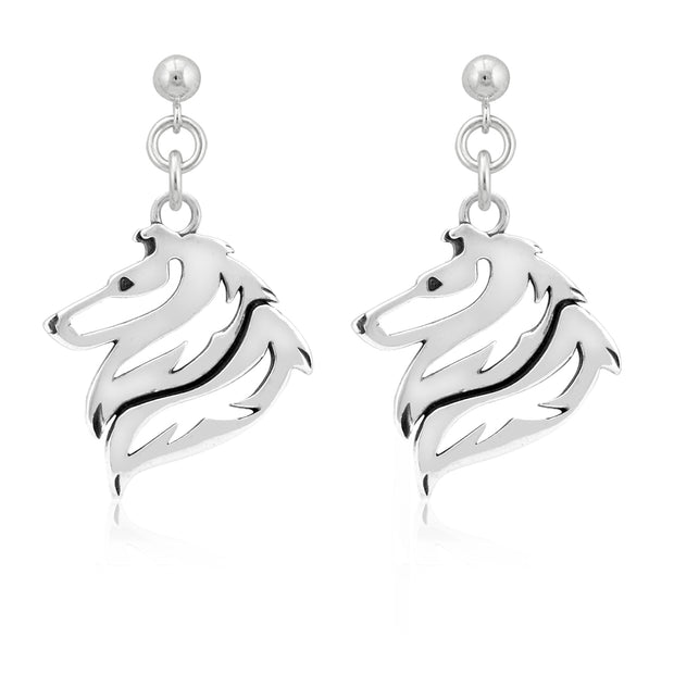 Rough Coat Collie Earrings Head Design in Sterling Silver in Dangle Post.