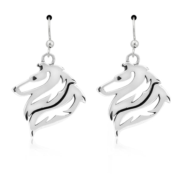 Rough Coat Collie Earrings Head Design in Sterling Silver in French Hook.