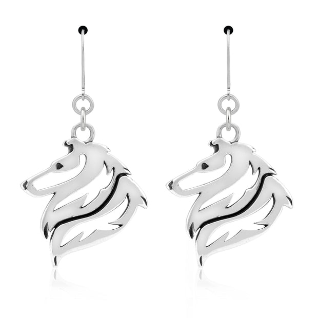 Rough Coat Collie Earrings Head Design in Sterling Silver in Leverback.