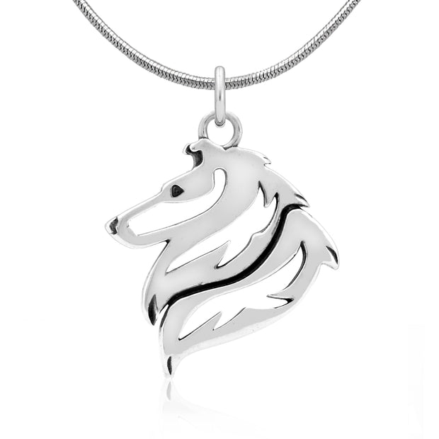 Rough Coat Collie Necklace Head Design in Sterling Silver on Snake Chain.