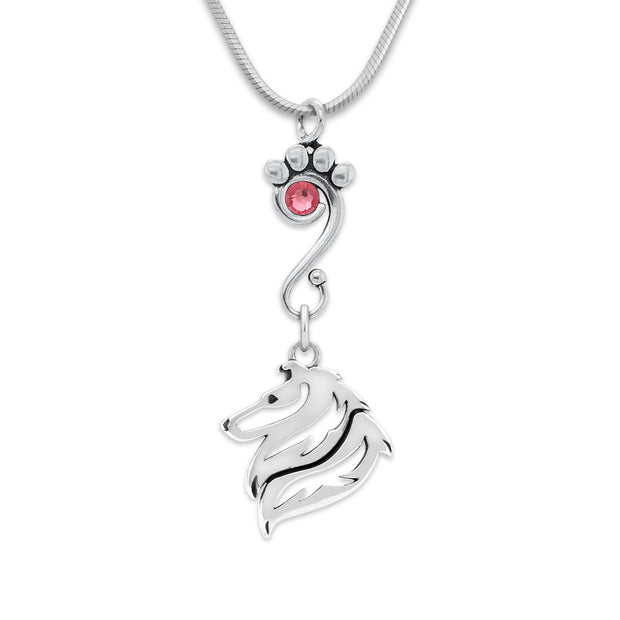 Rough Coat Collie Necklace Head Design with Rose Crystal in Sterling Silver on Snake Chain.