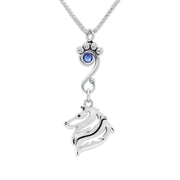 Rough Coat Collie Necklace Head Design with Sapphire Crystal in Sterling Silver on Box Chain.