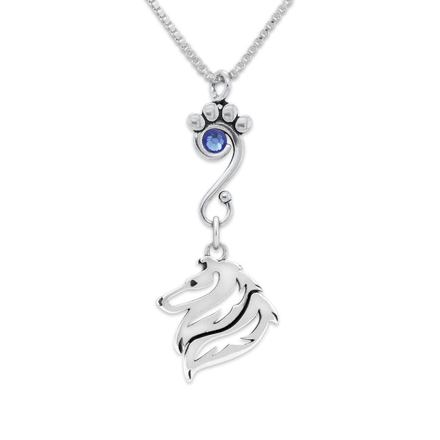 Rough Coat Collie Necklace Head Design with Sapphire Crystal in Sterling Silver on Box Chain.