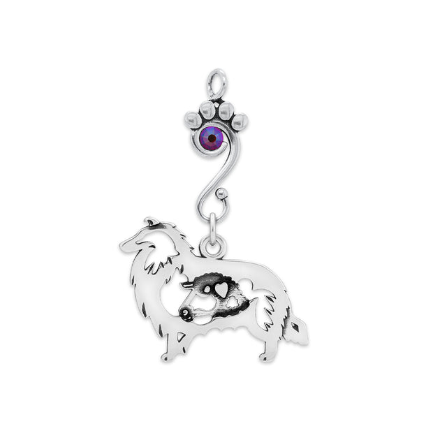 Rough Coat Collie Pendant Body Design with Ram and Fuchsia Crystal in Sterling Silver.
