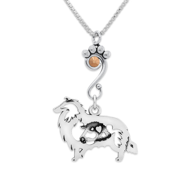 Rough Coat Collie Necklace Body Design with Ram and Rose Gold Crystal in Sterling Silver on Box Chain.