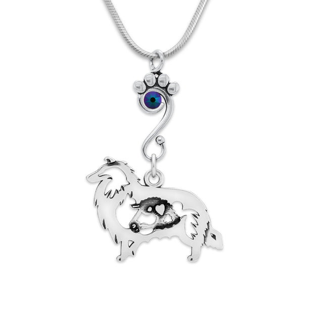 Rough Coat Collie Necklace Body Design with Ram and Scarabaeus Crystal in Sterling Silver on Snake Chain.