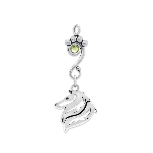 Rough Coat Collie Pendant Head Design with Peridot Crystal in Sterling Silver.