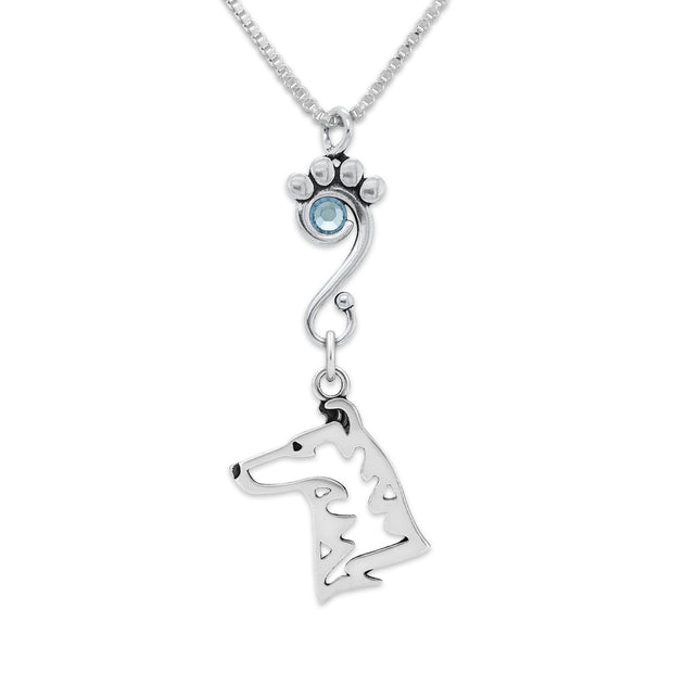 Smooth Collie Necklace Head Design with Light Sapphire Crystal in Sterling Silver on Box Chain.