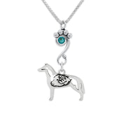 Smooth Collie Necklace Body Design with Ram and Teal Crystal in Sterling Silver on Box Chain.