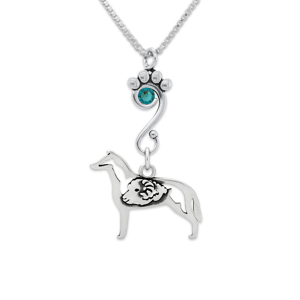 Smooth Collie Necklace Body Design with Ram and Teal Crystal in Sterling Silver on Box Chain.