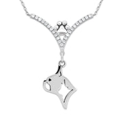 Boston Terrier Necklace Head Design in V-Shaped Cubic Zirconia and Sterling Silver Chain with Pawprint.