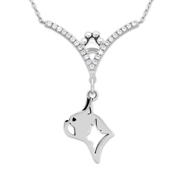 Boston Terrier Necklace Head Design in V-Shaped Cubic Zirconia and Sterling Silver Chain with Pawprint.
